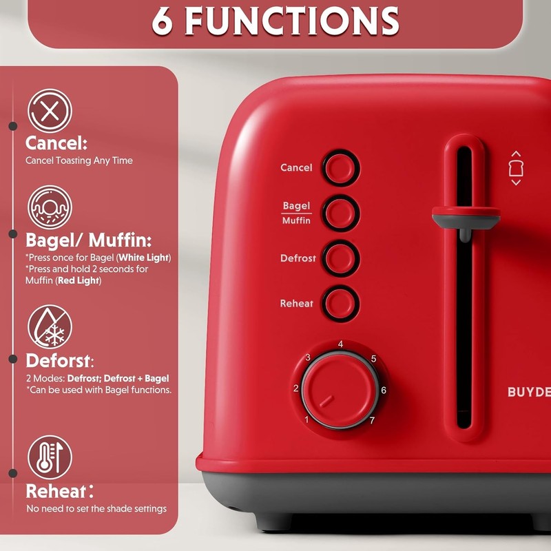 Retro 2 Slice Toaster Extra Wide Slots Stainless Steel 7 Shade Bagel Muffin Red2