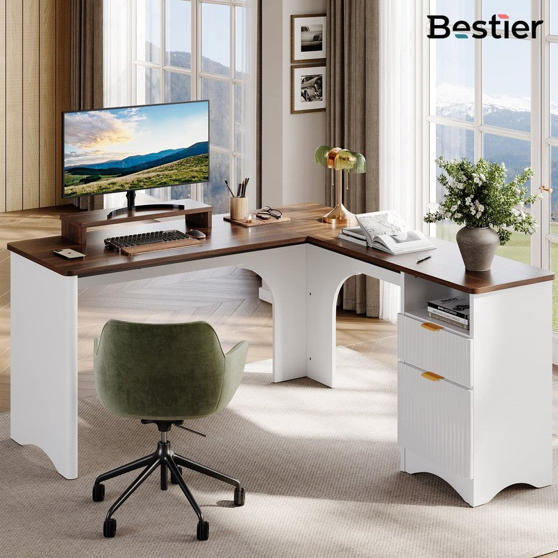 55" L-Shaped Desk with Drawers, Monitor Stand & Fluted Panels White/Walnut9