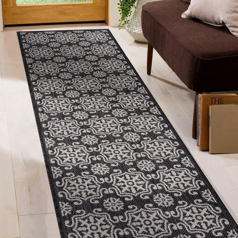 Transitional Geometric Textured Flat Weave Indoor/Outdoor Area Rug - BLACK 2'X7'7