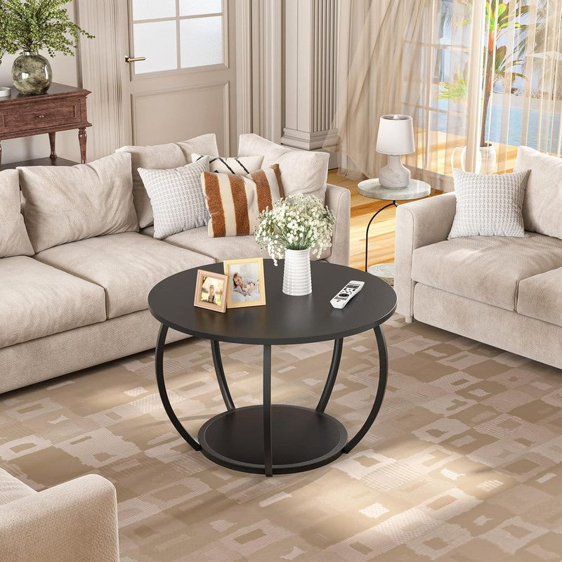 Round 2 Tier Coffee Table with Storage 27.6" Adjustable Feet, Black6