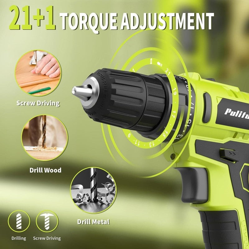 20V Cordless Drill Driver Kit 30Nm 21+1 Torque 2-Speed LED 2 Batteries Green3