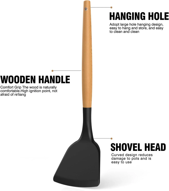 Silicone Kitchen Utensil Set Wooden Handle Holder Heat Resistant Black8