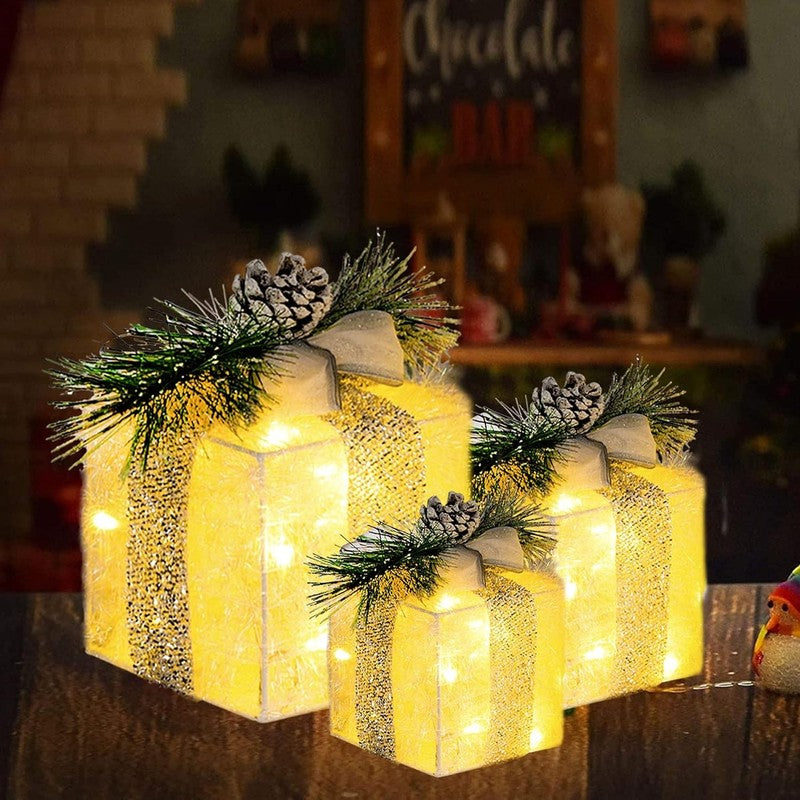Set of 3 Christmas Lighted Gift Boxes, Pre-Lit 60 LED Light up Present Boxes Orn6