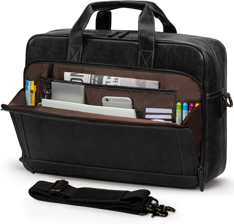 Mens Laptop Bag 16in Leather Briefcase Vintage Messenger Shoulder Work Black8