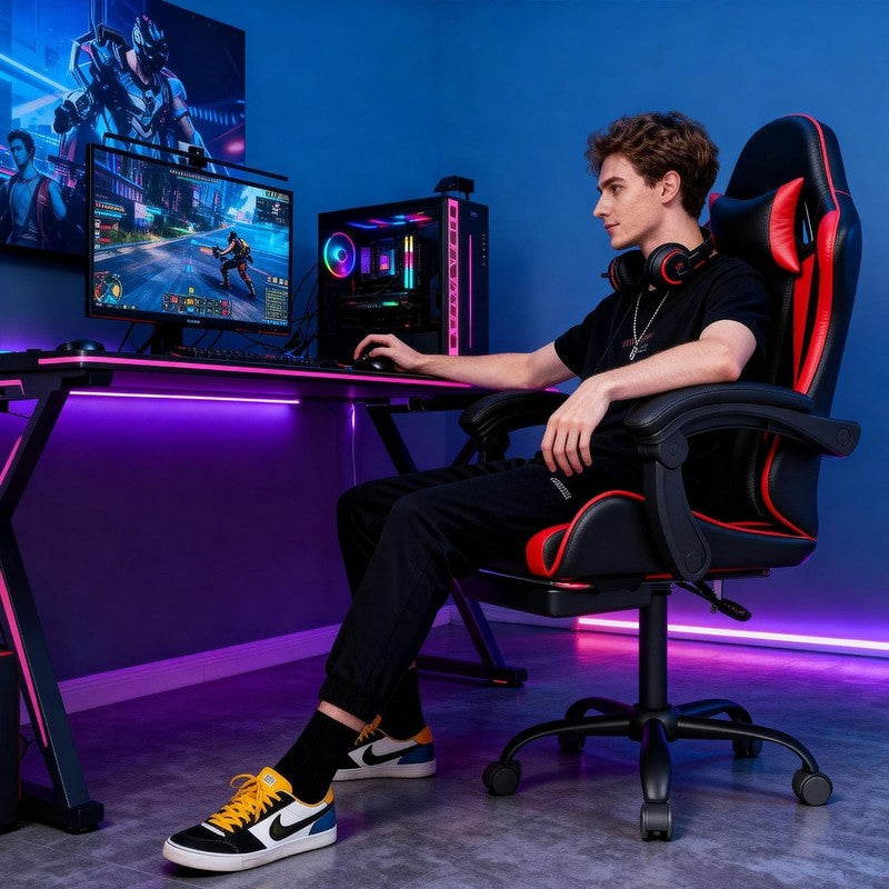 Gaming Chair w/ Headrest Lumbar Support Ergonomic High Back Office Red Black1