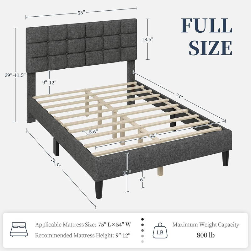 Upholstered Full Bed Frame Tufted Headboard Adjustable Wood Slats Dark Gray1