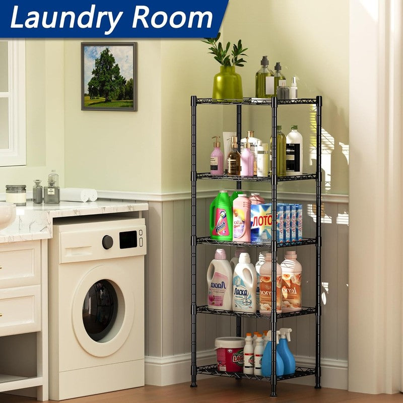 Adjustable 5 Wire Metal Storage Rack for Laundry, Kitchen & Closet   Black3