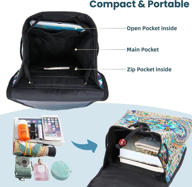 Women Embroidered Backpack Boho Floral Mini Travel Shoulder Bag Lightweight Blue3