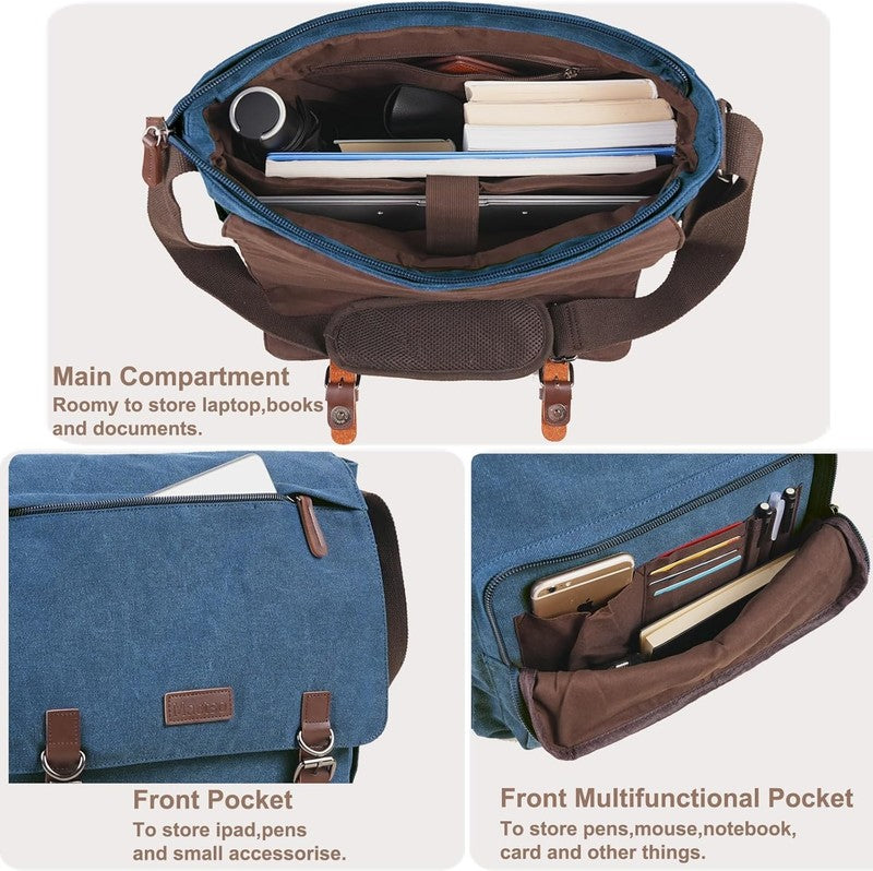 Canvas Messenger Bag 15.6" Laptop Travel Satchel Shoulder Bag Blue Unisex2
