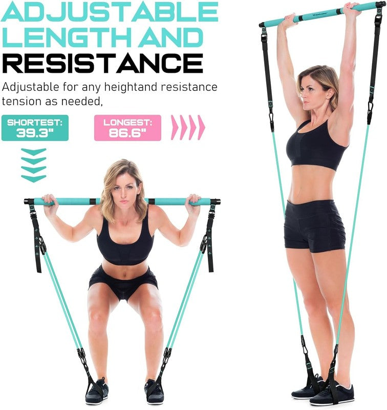 Pilates Bar Kit w/ Resistance Bands Adjustable Metal Buckle Full Body Blue3