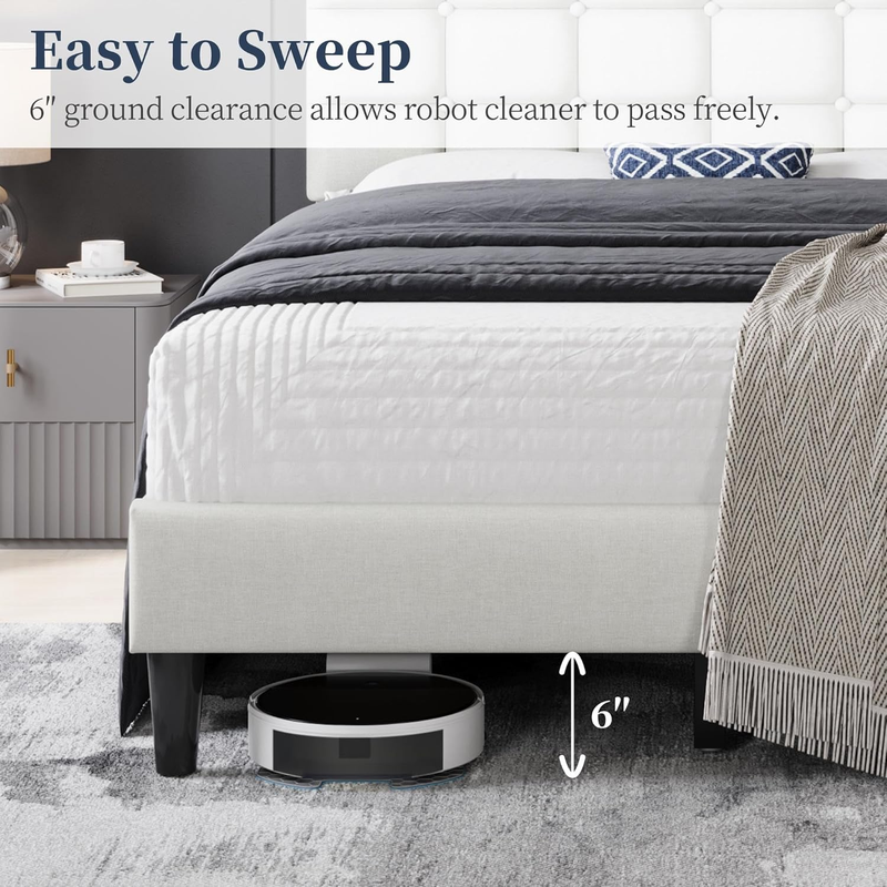 Upholstered Full Bed Frame Tufted Headboard Adjustable Wood Slats Beige Platform6