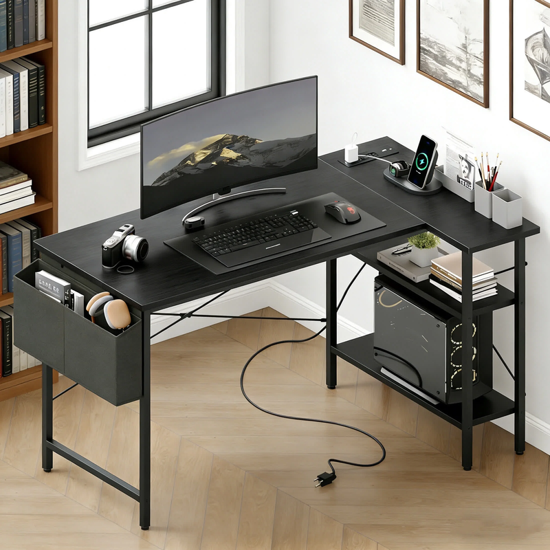 39 Inch Small L Shaped Computer Desk with Power Outlets, Corner Gaming Table wit0