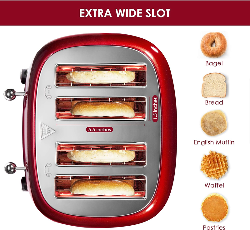 Retro 4 Slice Toaster Red ST033 - Wide Slots, Bagel, Defrost, 6 Shade Crumb Tray2