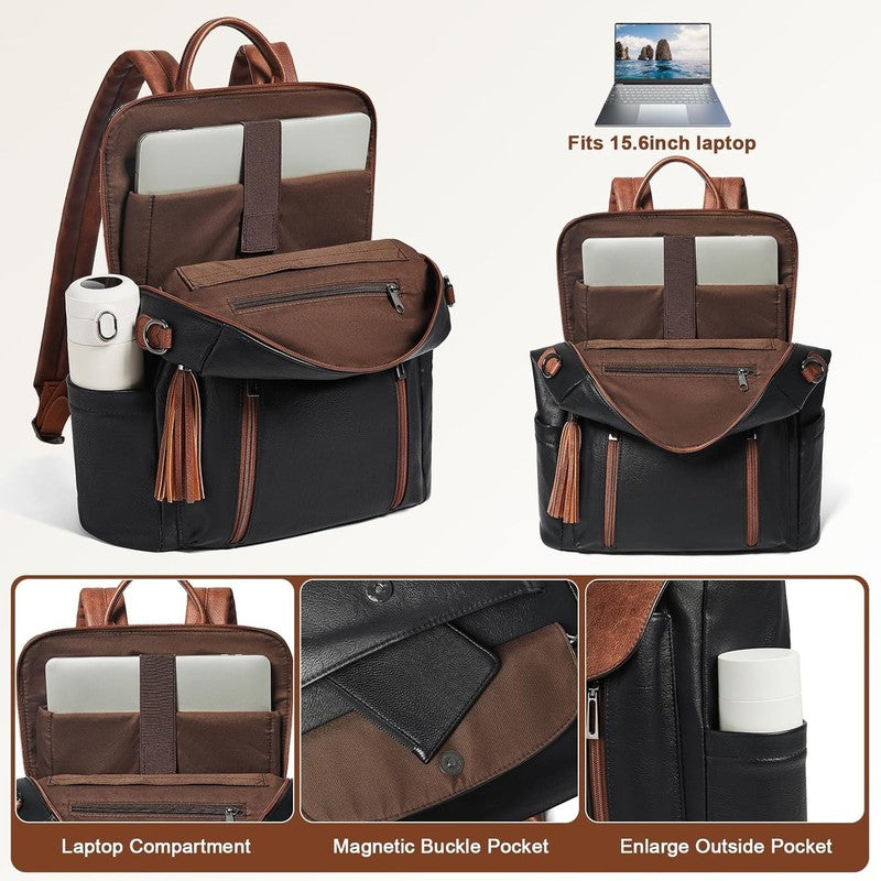 Women Laptop Backpack 15.6" Leather Travel Work Water Resistant Black Brown5