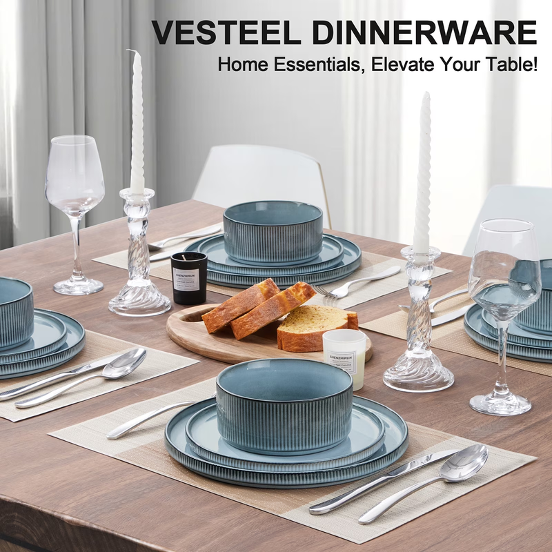 12Pc Stoneware Dinnerware Set for 4 Ribbed Plates Bowls Smoky Blue5