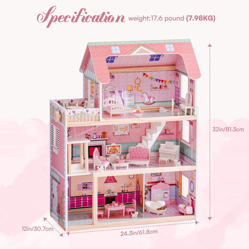 Wooden Dollhouse with 20Pcs Furniture 3 Storey Preschool Toy Dollhouse for Kids 8