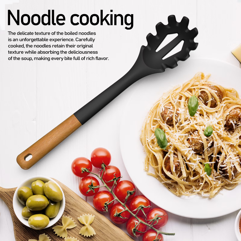 Large Silicone Kitchen Utensil Set Wooden Handle Heat Resistant Black8