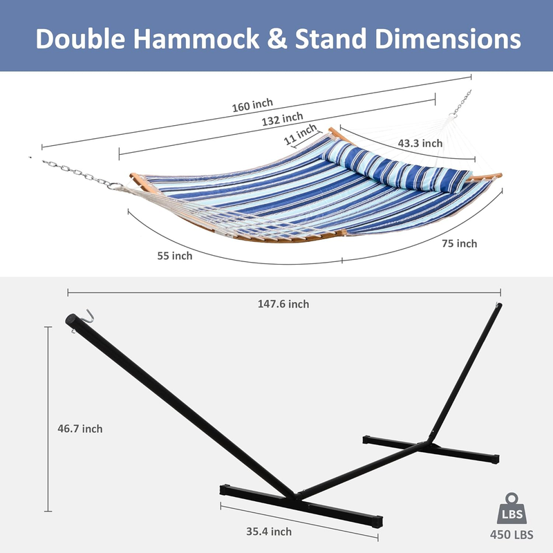 Double Hammock with Stand Portable w/ Pillow Blue Stripes Outdoor5