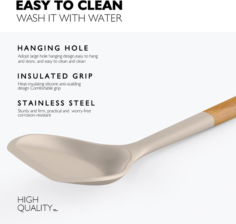 Large Silicone Kitchen Utensil Set Wooden Handle Heat Resistant Khaki3
