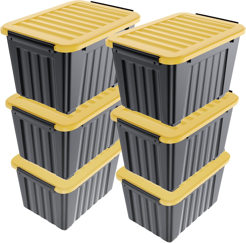 72Qt Black/Yellow Plastic Storage Bins w/Lids Stackable Nestable 6 Pack0