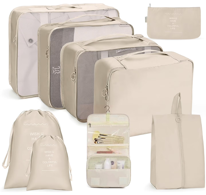 Travel Packing Cubes 9Pc Organizer Set Clothes Shoes Beige8