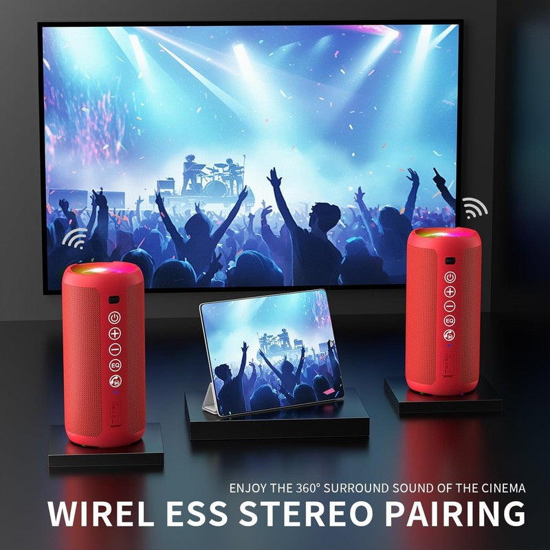 Portable Bluetooth Speaker 24W, IPX7, Deep Bass, LED, 30H Playtime, Red2