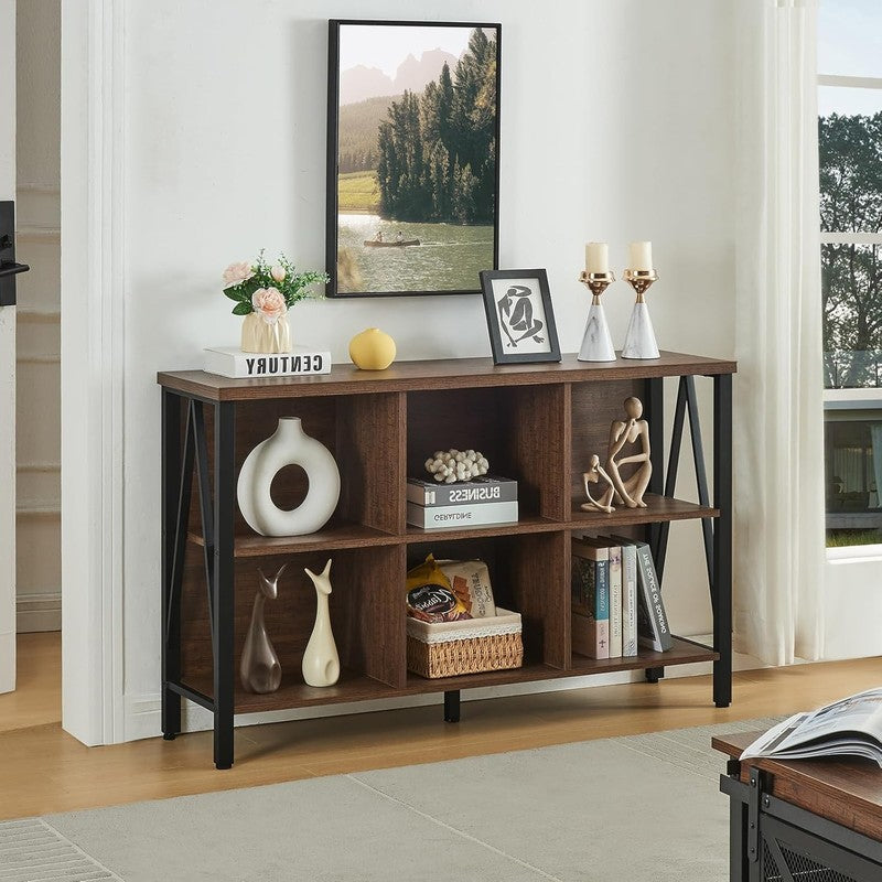 6 Cube Storage Organizer Rustic Brown Industrial Low Wide Bookshelf 3 Tier2
