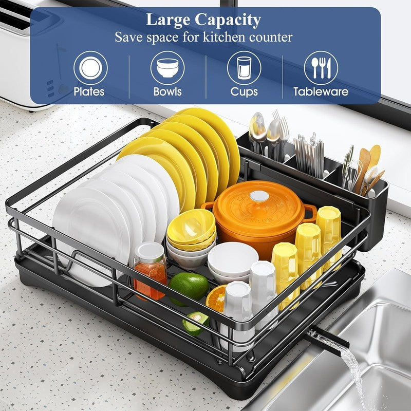 Large Rustproof Dish Drying Rack with Drainboard & Utensil Holder   Black1