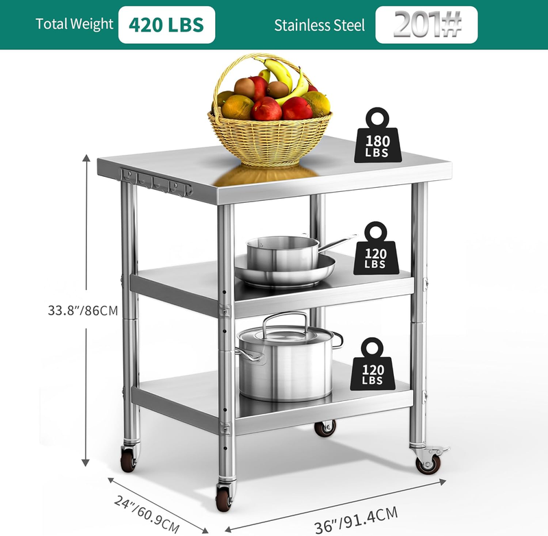 Stainless Steel Work Table 30x24 w/ Wheels 3 Shelf Prep Table1