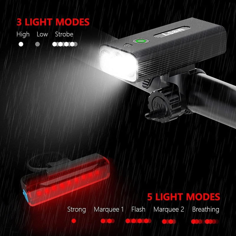 Super Bright USB Rechargeable Bike Lights Front & Rear 3+5 Modes IPX5 Waterproof3