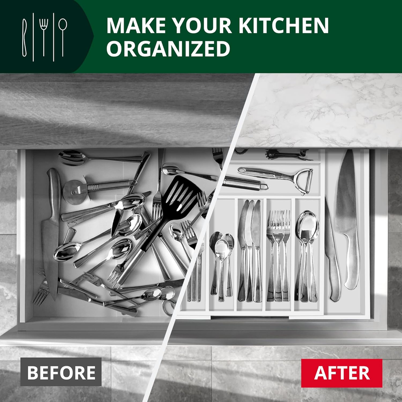 Bamboo Kitchen Drawer Organizer 9 Slot Silverware Utensil Tray White4
