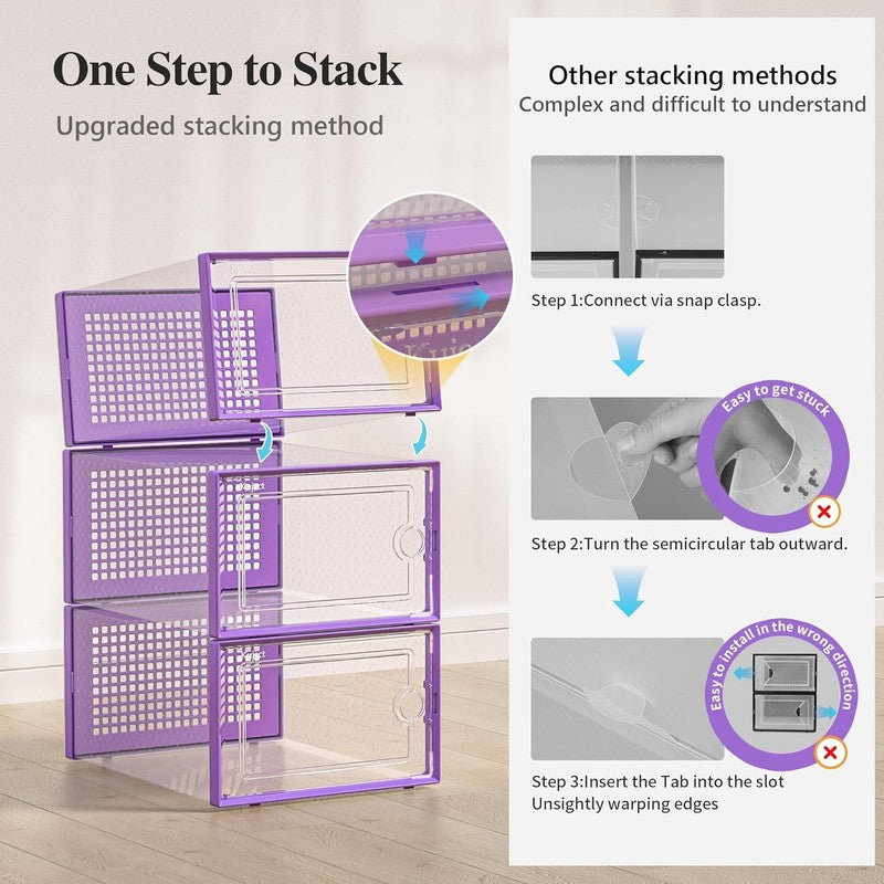 12 Pack X Large Clear Shoe Storage Boxes, Stackable Organizer Bins, Purple3
