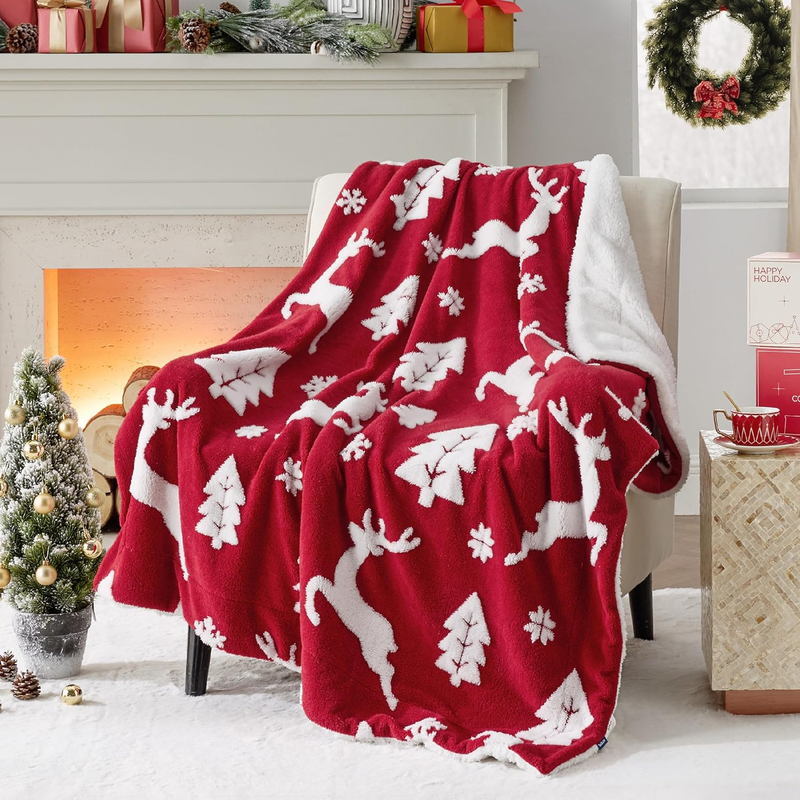 Christmas Throw Blanket Sherpa Deer Warm Couch Sofa Red 50"x60"9