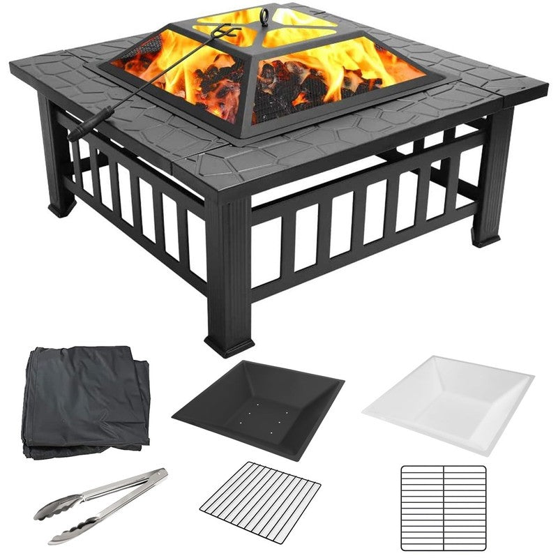 32" Outdoor Fire Pit Table Wood Burning w/ Lid, Poker, BBQ Net, Ice Tray, Black1