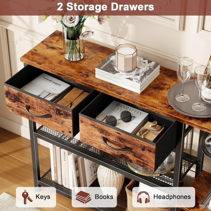 44" Industrial Entryway Console Table Sofa Table Metal Mesh Rustic Brown2