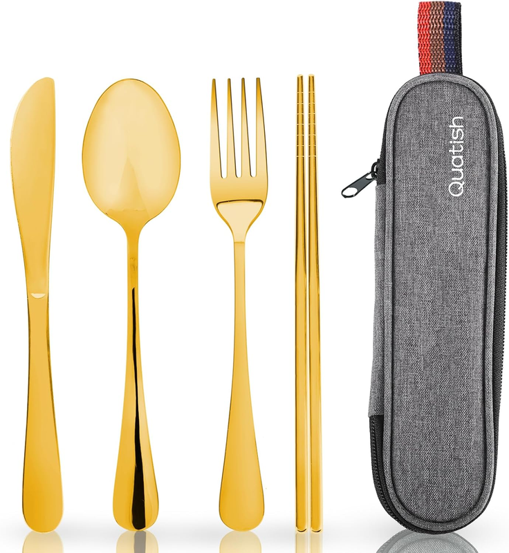 Reusable Travel Utensils Set Fork Spoon Stainless Steel with Case Gold7