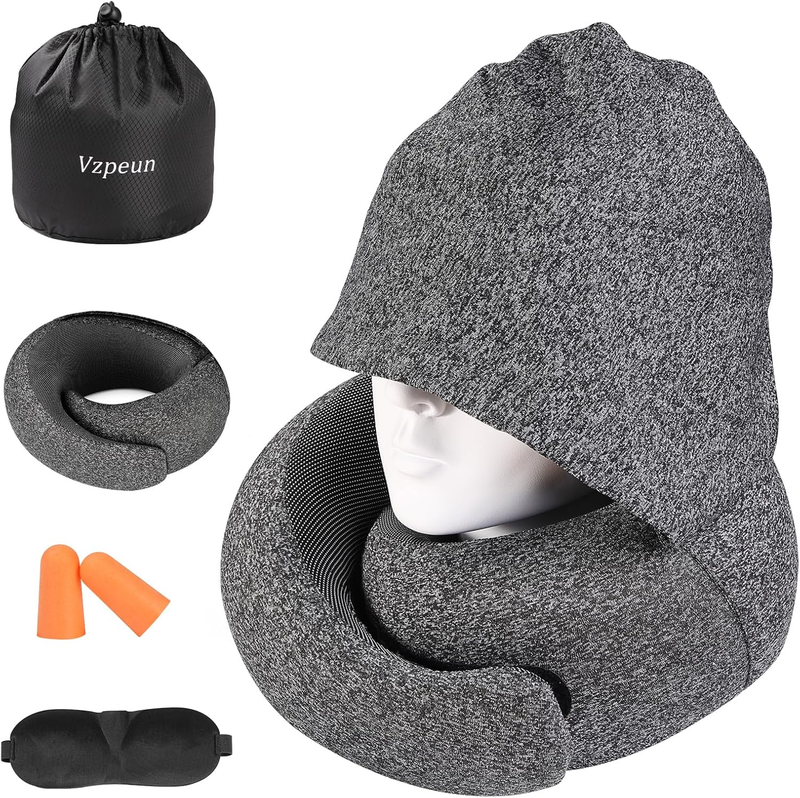 Hooded Memory Foam Travel Neck Pillow w/ Eye Mask & Earplugs, Dark Gray6