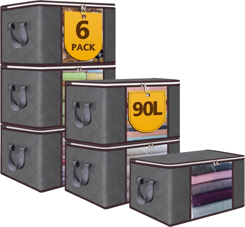 6 Pack 90L Large Storage Bags, Foldable Clothes Closet Organizer Bins9