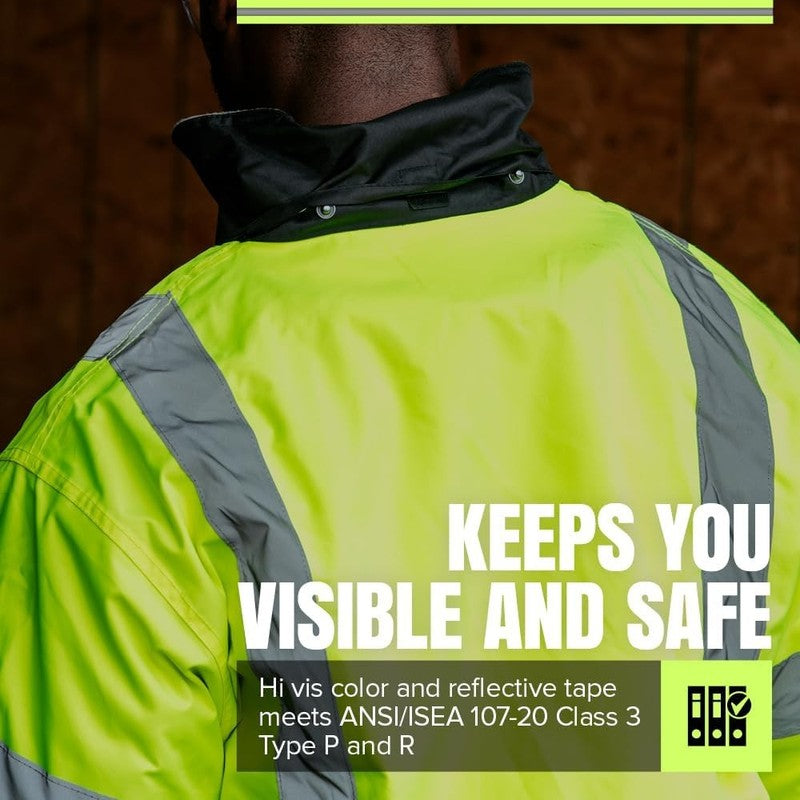 Hi Vis Safety Bomber for Men   Waterproof, Reflective ANSI Class 3 Winter Rain J2