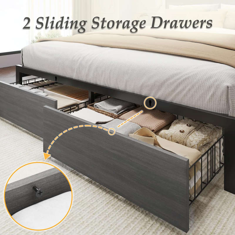 Queen Bed Frame LED Storage Headboard Drawers Charging Metal Rustic Grey5