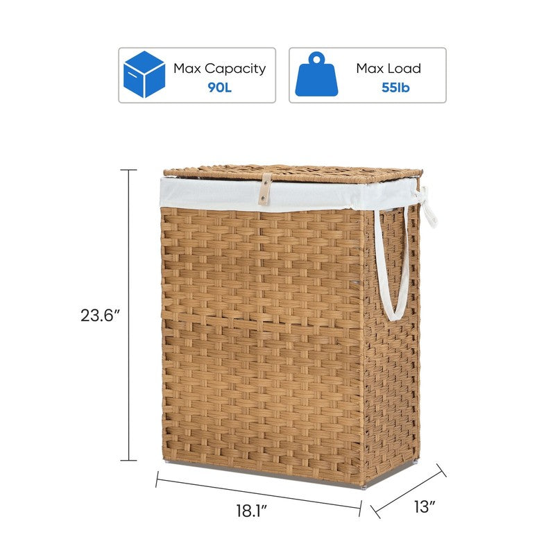 90L Handwoven PP Rattan Laundry Basket w/ Lid, Handle, Foldable, Removable Liner6