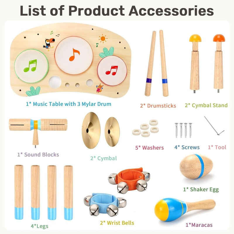 11 in 1 Kids Drum Set Montessori Wooden Musical Toys Toddler Music Table7