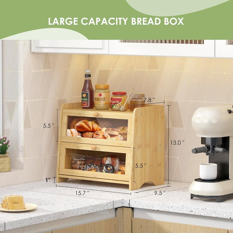Double Layer Bamboo Bread Box Large Wooden Farmhouse Bread Storage Windows1