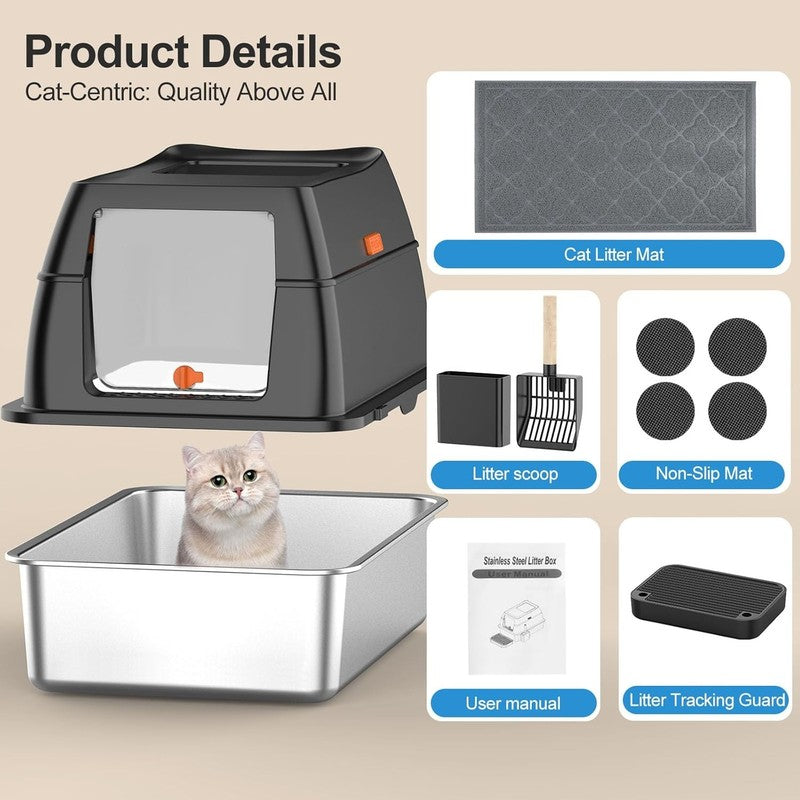 Stainless Steel Litter Box with Lid,Front Entry Top Exit Kitty Litterbox,Extra L5