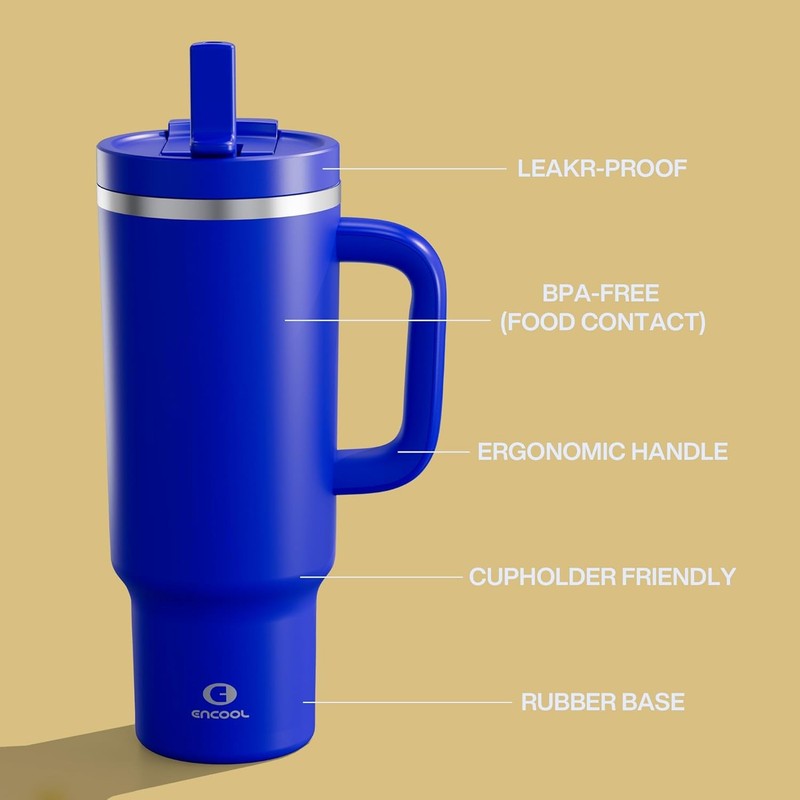 Royal Blue 40 Oz Insulated Tumbler with Handle & Straw   Keeps Drinks Cold 24H5