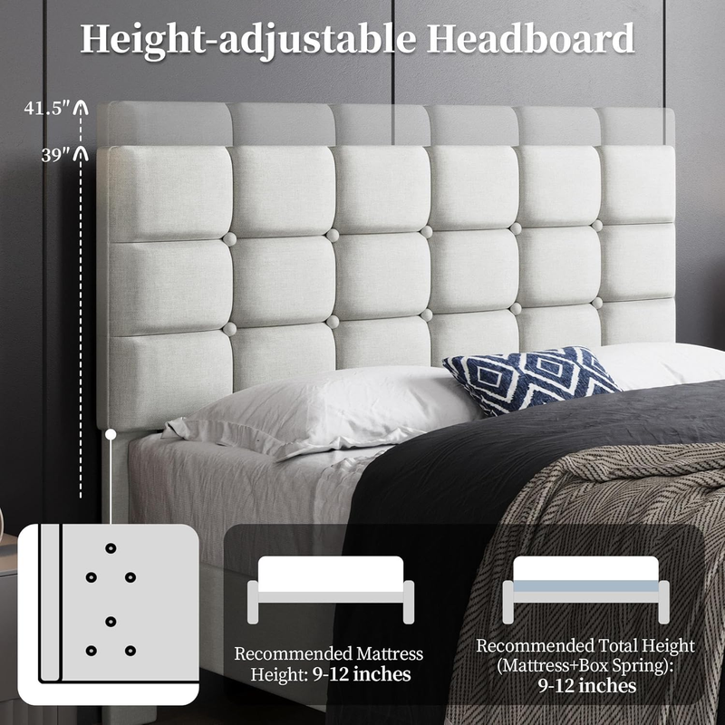 Upholstered Full Bed Frame Tufted Headboard Adjustable Wood Slats Beige Platform4
