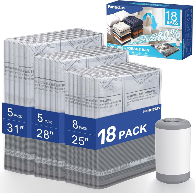 Travel Vacuum Storage Bags with Rechargeable Air Pump, 18 Pack Portable Space Sa9