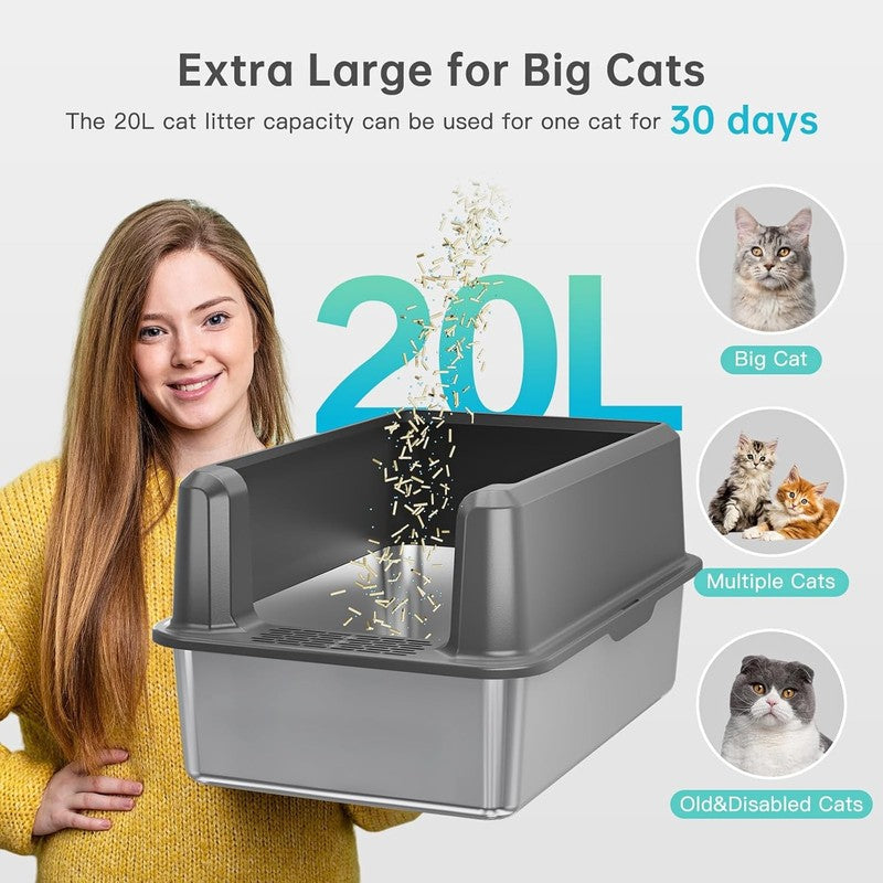 Enclosed Stainless Steel Cat Litter Box with Lid, XL Extra Large Litter Box for 2
