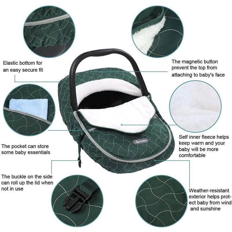 Winter Baby Car Seat Cover, Plush Fleece Canopy for Infants, Dark Green2