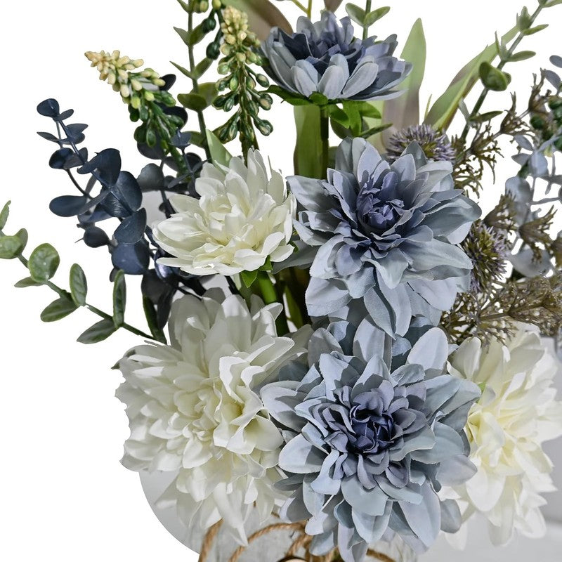 Artificial Dahlia Flowers Blue White with Vase Eucalyptus Table Centerpiece2